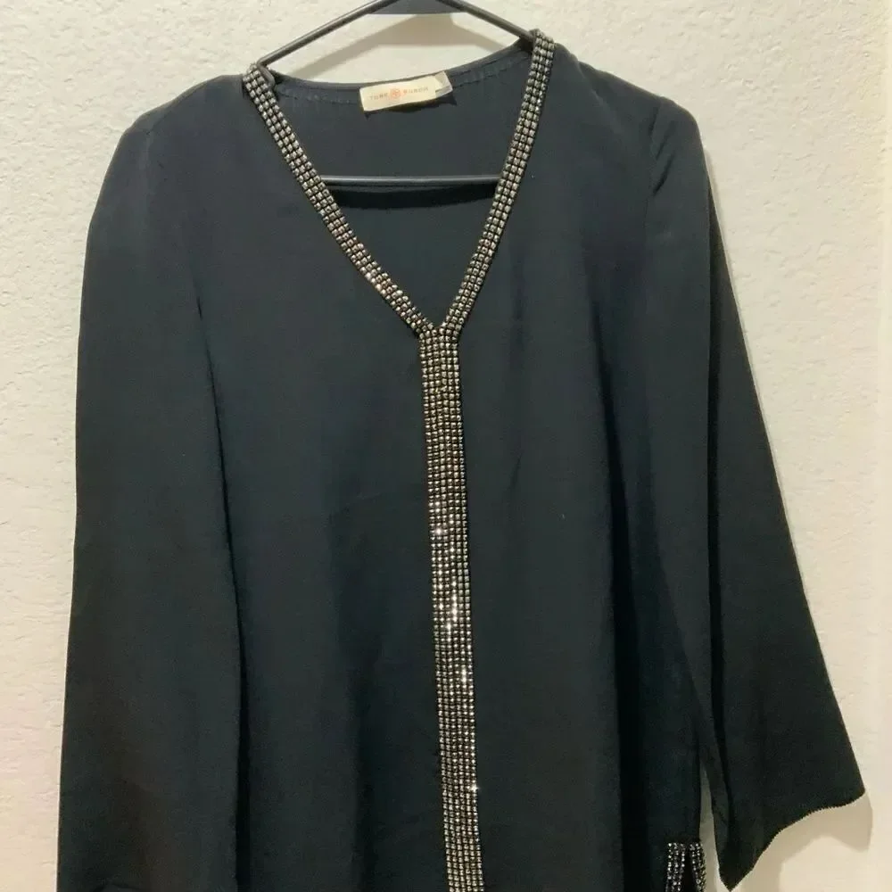 Tory Burch Mallet Embellished Studded Silk V Neck Tunic Blouse Top Black 6